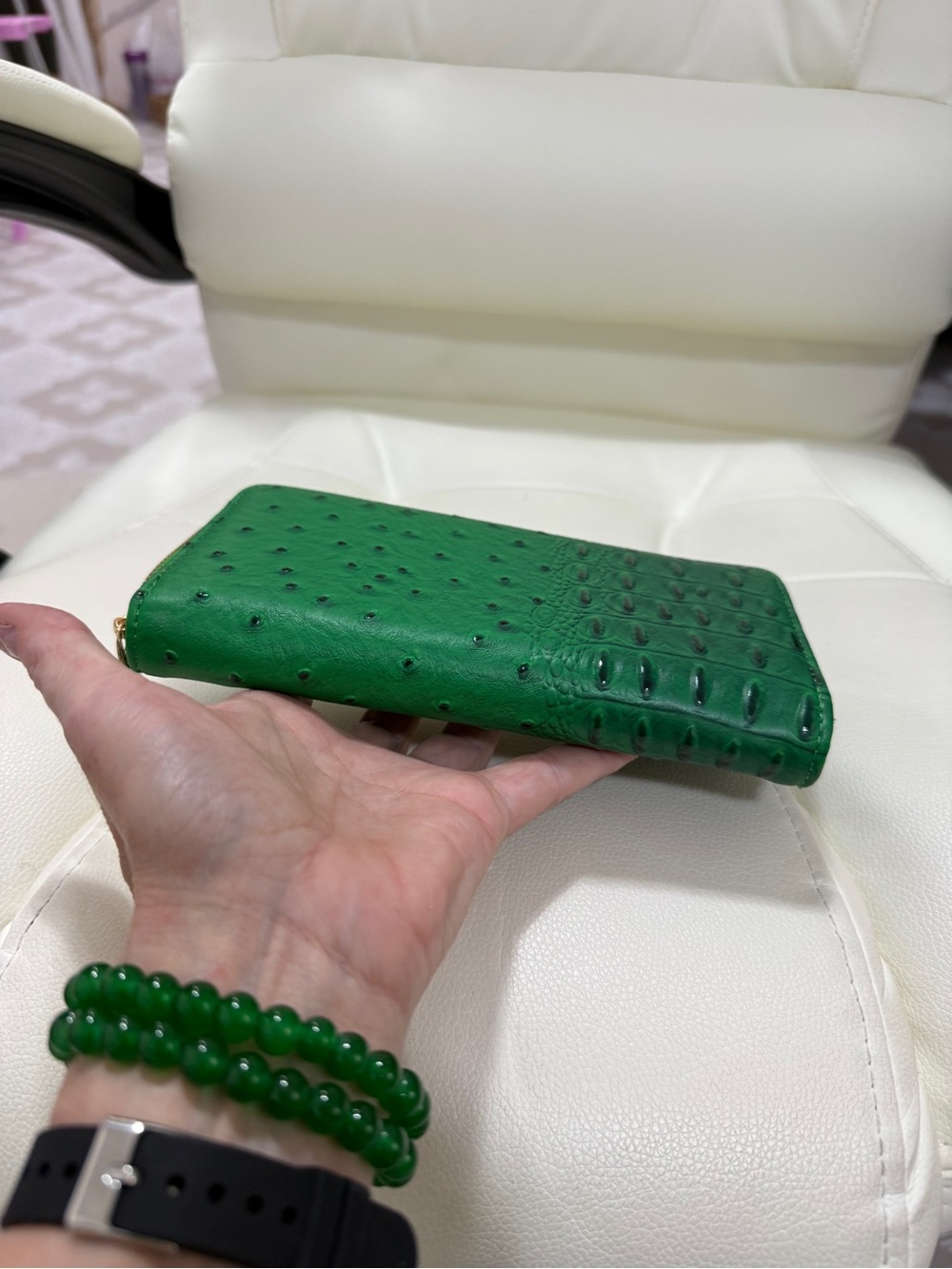 Structured Green Faux-Ostrich Satchel 2 way with bonus wallet brand new - Picture 7 of 12